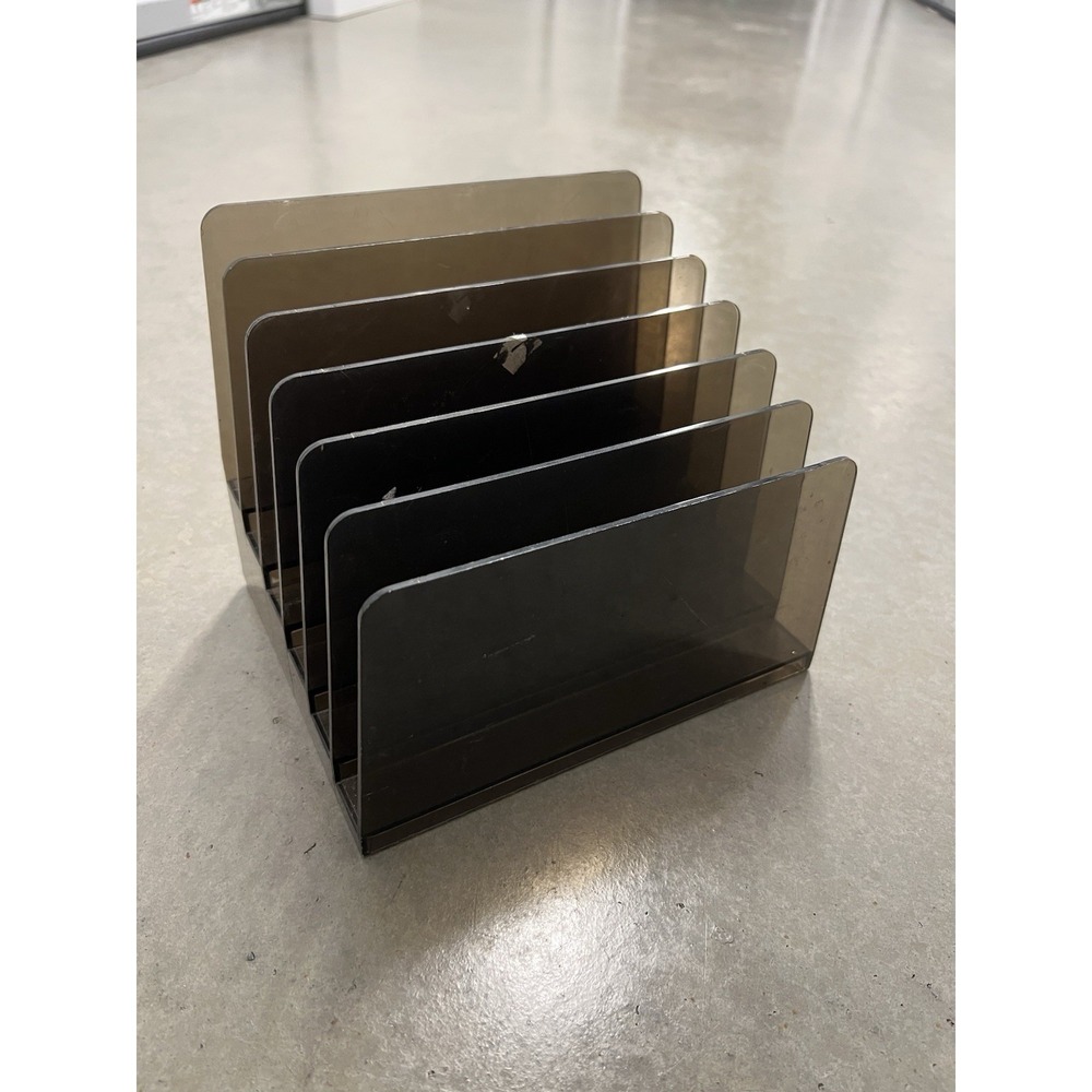 Vintage 1980s Black Smoke 6 Slot Incline Office Desk File Holder Sorter